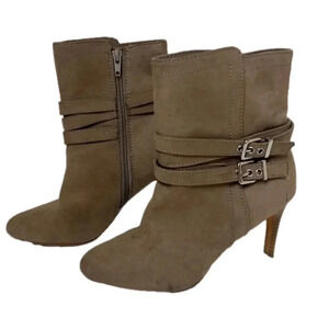 EXPRESS Faux Suede Buckle Strap Side Zip Ankle Boots, size 6, Tan